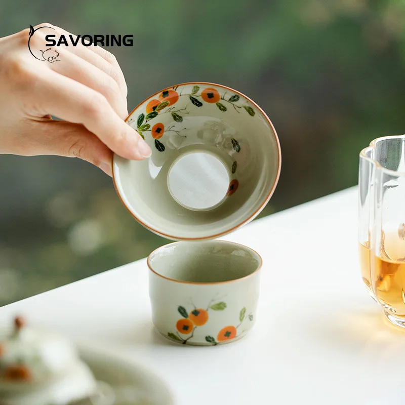 Pure Hand Painted Persimmon Tea Strainer Filter Infusers Ceramic Tea Infuser Puer Sieve Kungfu Tea Set Thee Ceremony Tea Tool