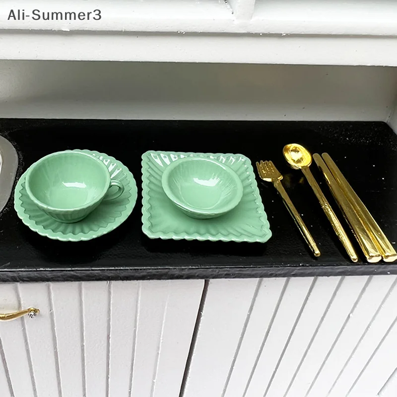 7 unid/set 1:12 platos en miniatura para casa de muñecas tazas de café tenedores cucharas miniatura juego de simulación cocina juguete accesorios para casa de muñecas