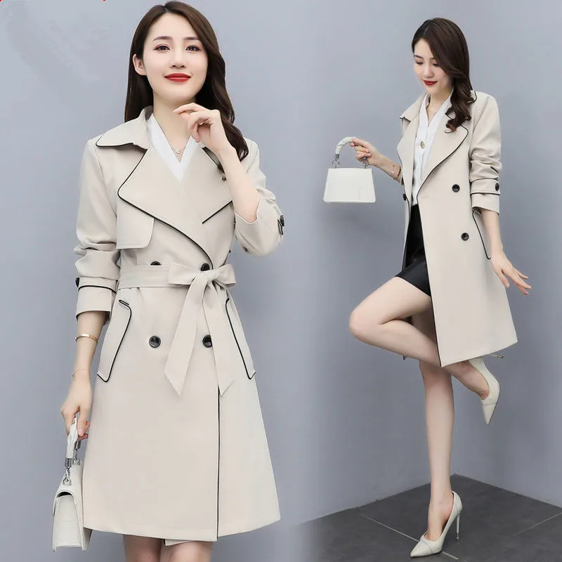 

Spring Autumn Elegant Women Double Breasted Solid Trench Coat With Belt Korean Long Casaco Feminino Ladies Windbreaker Lined