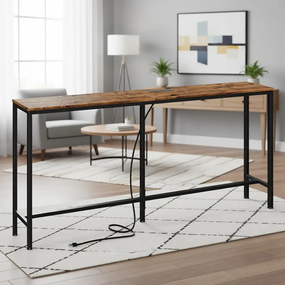 

Приставной столик для дивана 63 дюйма с розеткой и зарядной станцией, идеально подходит для узких пространств, за диваном, в гостиной, в стиле рустик, коричневый, подставка для растений