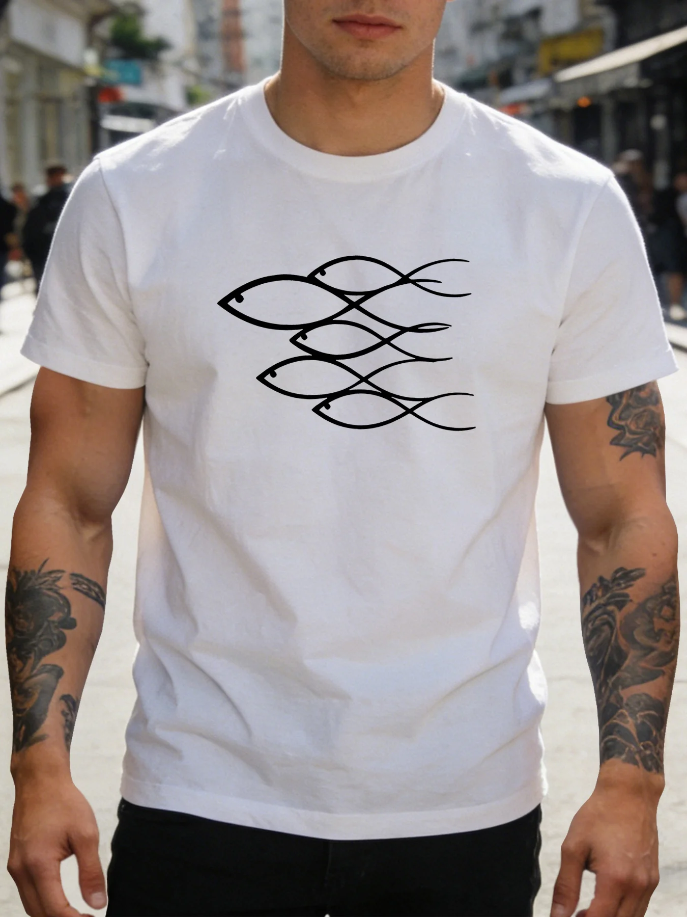 Camiseta Masculina de Algodão Azul Marinho com Estampa de Cardalha de Peixes, Gola Redonda, Manga Curta, Estilo Oceano, para Uso Diário, Casual, Básico, Urbano e de Verão