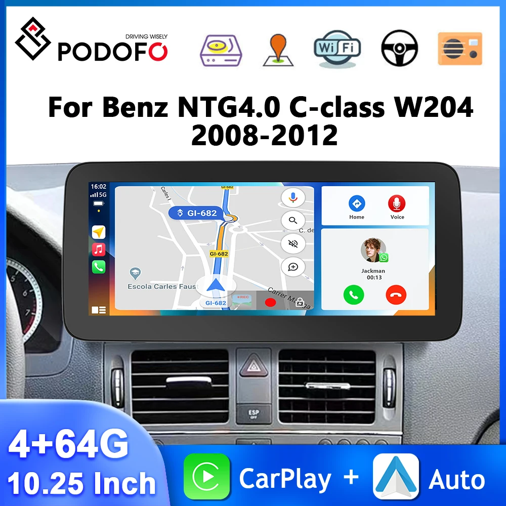 Podofo 8Core Android Car Stereo For NTG4.0 Benz C-class W204 2008-2012 Carplay Android Auto 10.25'' WIFI 4G Bluetooth Car Audio