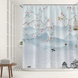 Chinese Painting Shower Curtain Aesthetic Ink Plum Landscape Natural Scenery Bathroom Decor Curtain Bath Curtain Set with Hook