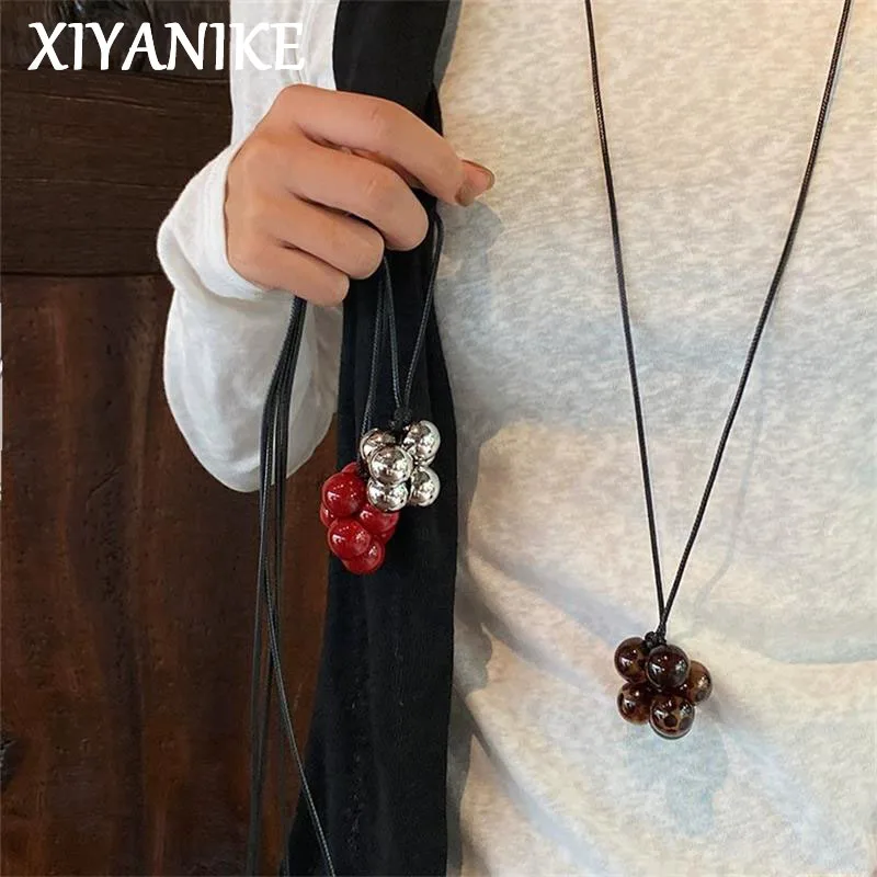 

XIYANIKE Round Beads Pendant Necklaces For Women Fashion Black Leather Rope Long Adjustable Sweater Chain Jewelry Gift Party