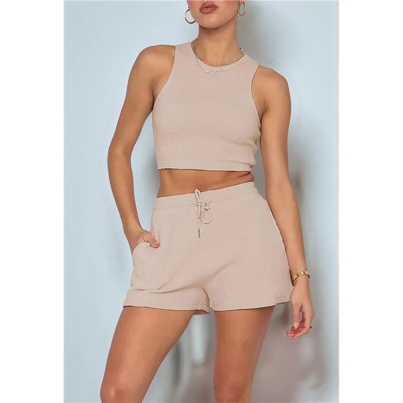 

【SEE】Женские летние комплекты для отдыха, повседневный укороченный топ из вафельной вязки, шорты, комплекты из 2 предметов, одежда для сна