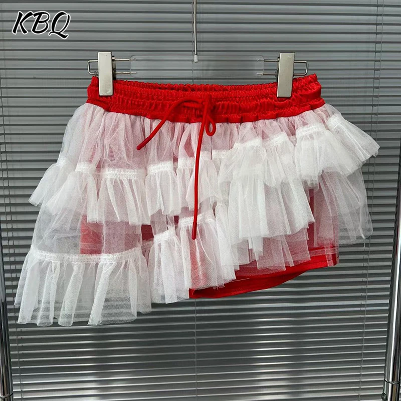 

KBQ Hit Color Spliced Folds Mesh Minimalist Skirts for Women High Waist Patchwork Drawstring Chic Skirt Female Fahsion Summer