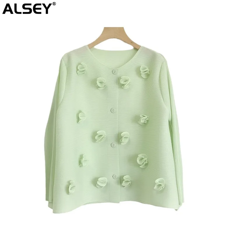 

ALSEY Miyake Pleated Short Coats Women Shell Petal Embroidered Design White Button Cardigan Shirt Tops Clothes 2024 Spring New