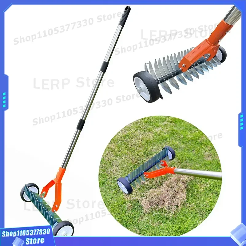 Garden Lawn Rake with Wheels Heavy Duty Grass Dead Leaf Collector Manual Weeding Roller Scarifier Tool for Yard Maintenance