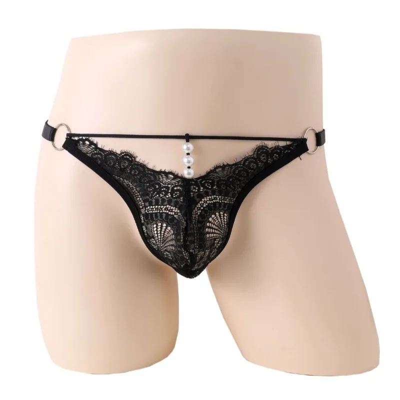 

Трусики-мешочки Sissy, сексуальное мужское нижнее белье с регулировкой талии, кружевные стринги с Т-образной спинкой и низкой посадкой, стринги для трансвеститов, жемчужное нижнее белье