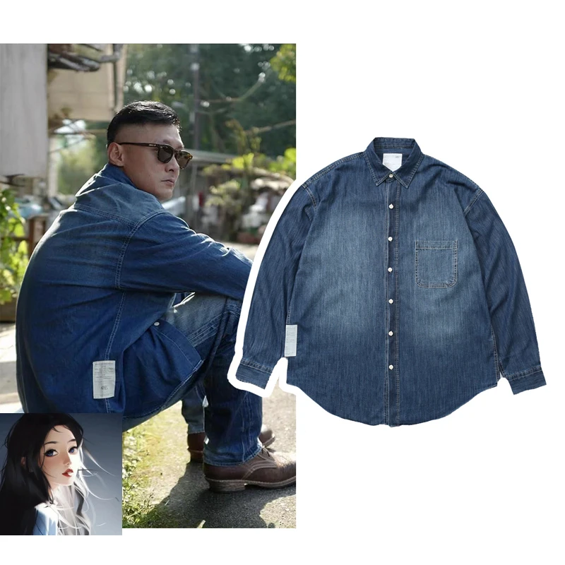 

Blue MADNESS Denim Shirts Japanese MDNS Pockets Clothes Men Women High Quality Loose V-Shape Shirt Blouse Hem Tag