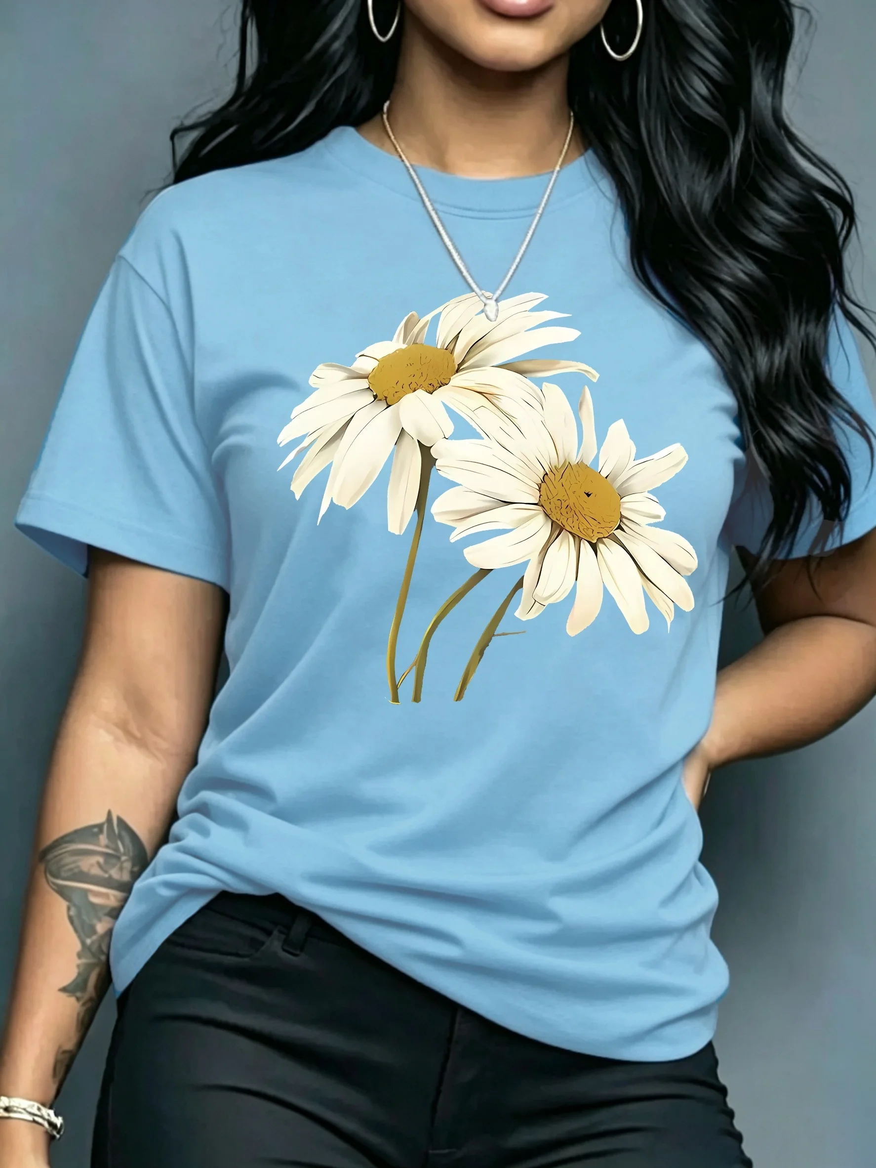Ladies' Short Sleeved Beautiful T-shirt with Daisy Pattern, Fashionable Commuting Vacation Daily Casual Top
