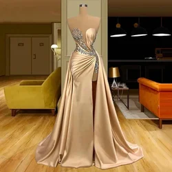 Champagne Gold Evening Dresses Sexy Mermaid Prom Gown Applique Beading High Split Satin Party Gowns