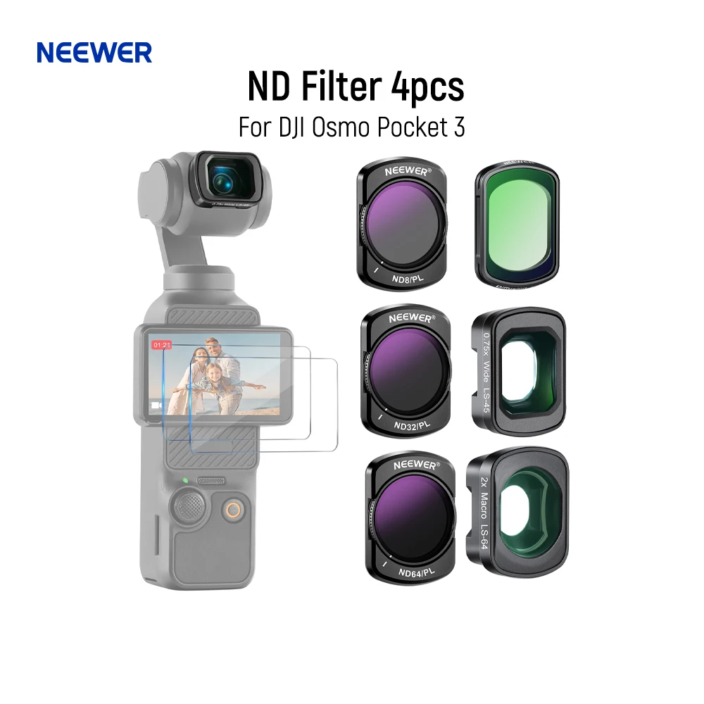 

Neewer Polarized ND Filter 4pcs ND8/PL ND32/PL ND64/PL CPL Black Diffusion 1/4 Filter 0.75X Wide Lens For DJI Osmo Pocket 3