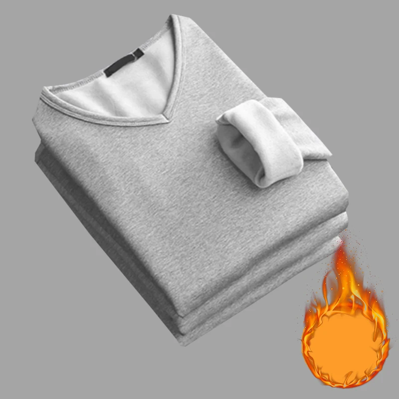 Men's Cotton Thermal Long Sleeve Tops-Winter Thickened Fleece Crew Neck V-neck,Slim Fit Warm Solid Color Inner Wear Base Layer