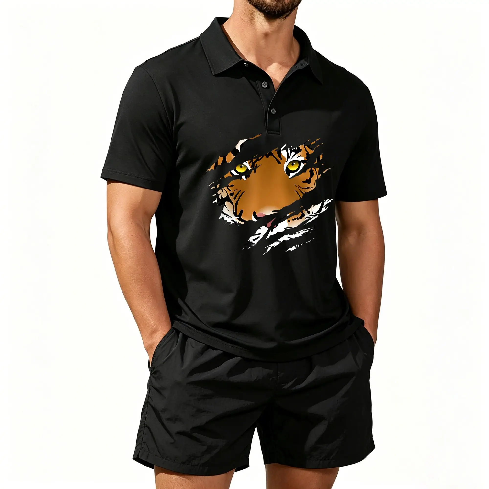 Men's Polo Shirt and Beach Shorts Set, Featuring a Ripped Style with a Fierce Tiger Head Design, Casual and Comfortable Fit