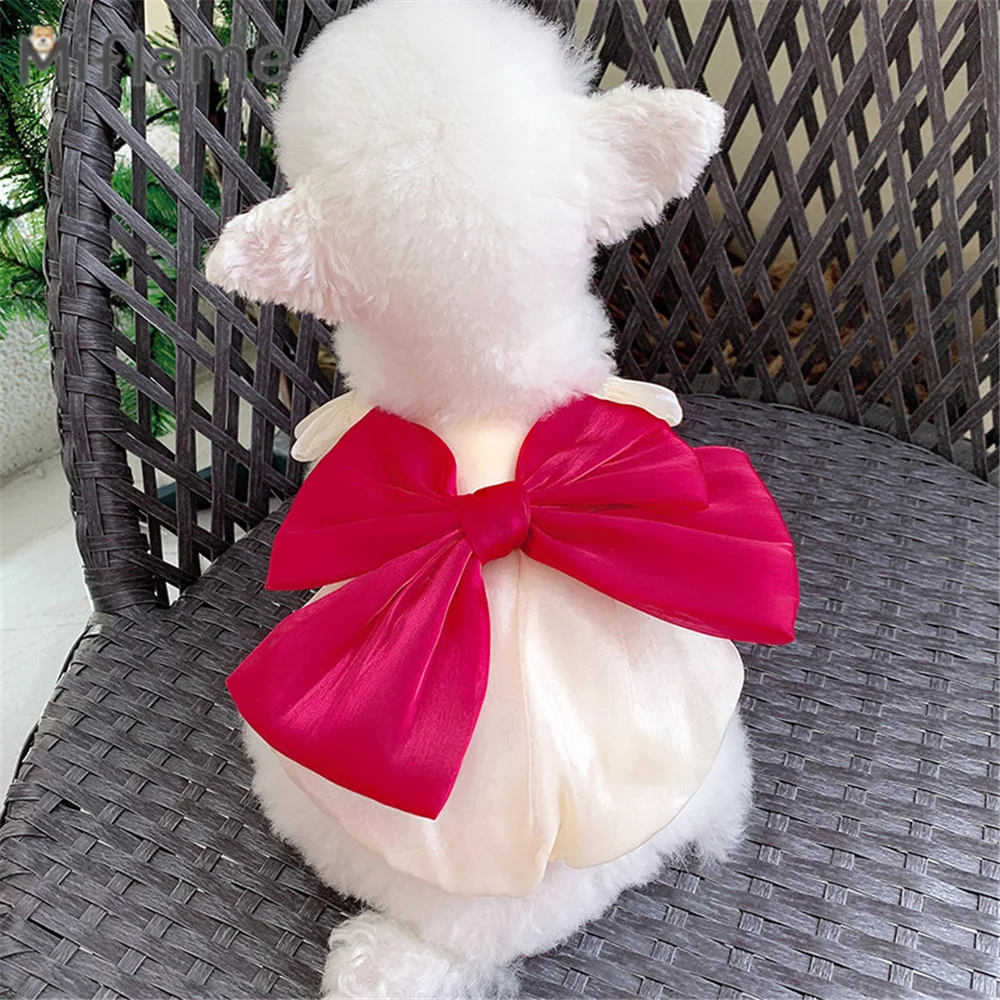 

Miflame Summer Pet Clothes Red Big Bow Small Dogs Dress Gauze Skirt Dog Cat Clothes Teddy Bichon Schnauzer Flying Sleeves Dress