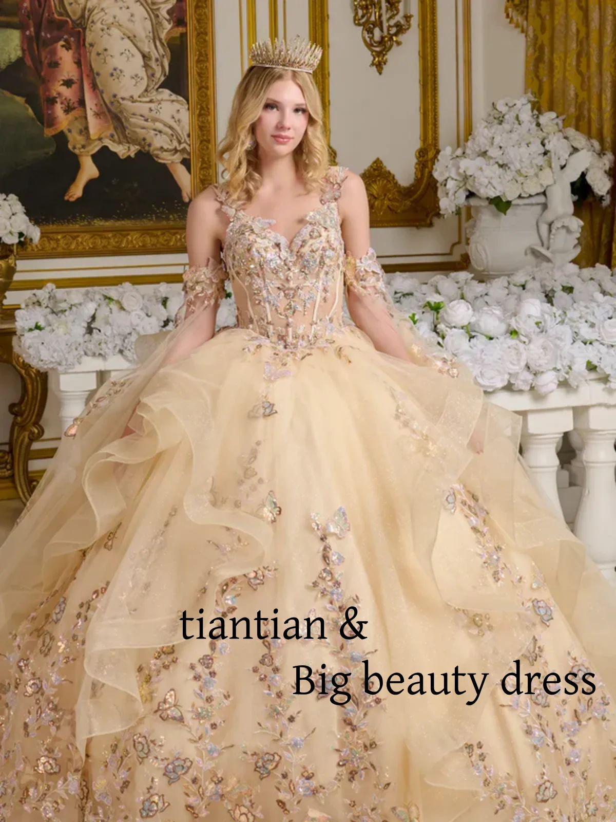 

Delicate Flower Decals Quinceanera Dresse Chiffon Glitter Sparkling Sequins Beaded Gown Customized vestidos de 15 quinceañera