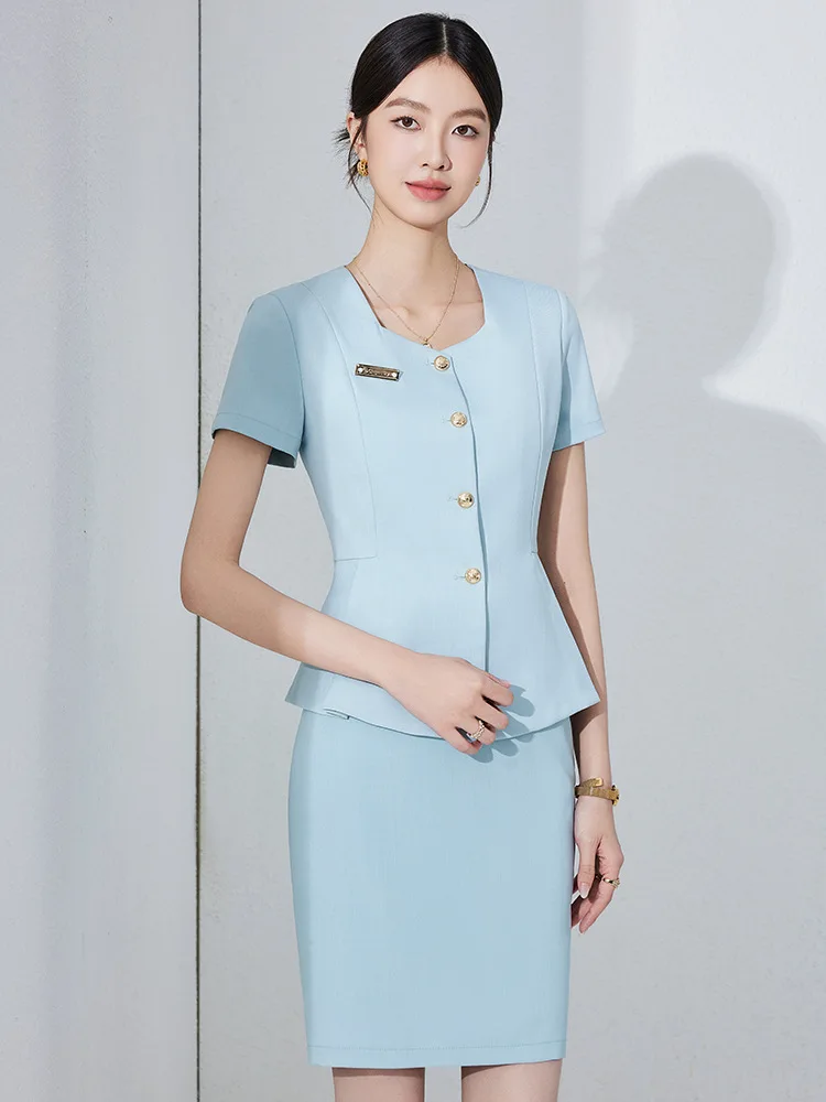 Professional women's suit for hotel, jewelry store, beauty salon front desk receptionist workwear, elegant short-sleeved formal