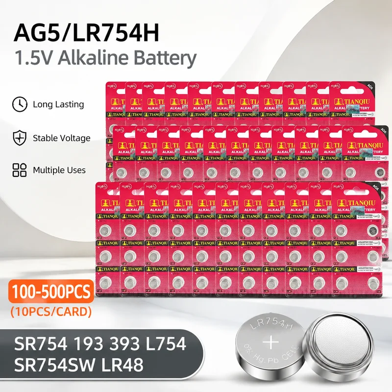 Alkaline Button Cell Battery AG5 LR754 SR754 193 393 1.55V Round Coin Cell for Watch Toy Replacement 100-500PCS