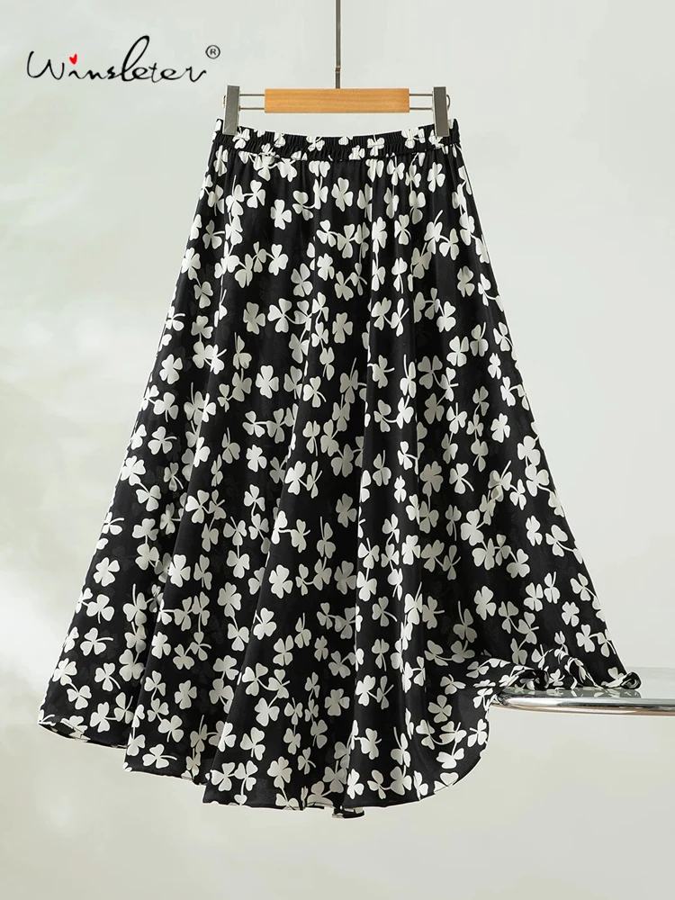 Winsleter-100%Real Silk Double Crepe Elegant Skirts, Elastic Waist Print, Women Vacation A-line Skirts, 2026 Summer New B65072CC