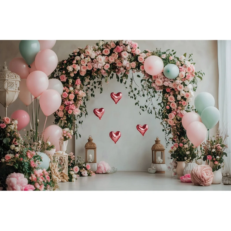 Globos de corazón de amor rojo, fondo de fotografía del Día de San Valentín, rosa, telón de fondo para fiesta de boda, retrato de amante, pancarta Photozone