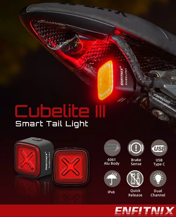 Enfitnix Cubelite III Smart Tail Light Bicycle Brake Warning Light Ultra Bright Rear Light USB Charge LED Night Warning Light