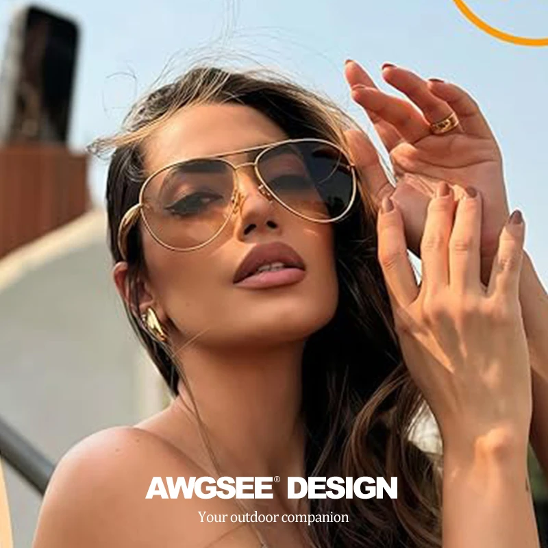 Oversized Aviator Glasses for Women – Vintage Golden Frame with Champagne Lenses, Sexy Golden Streamlined Arms, Retro Chic Style