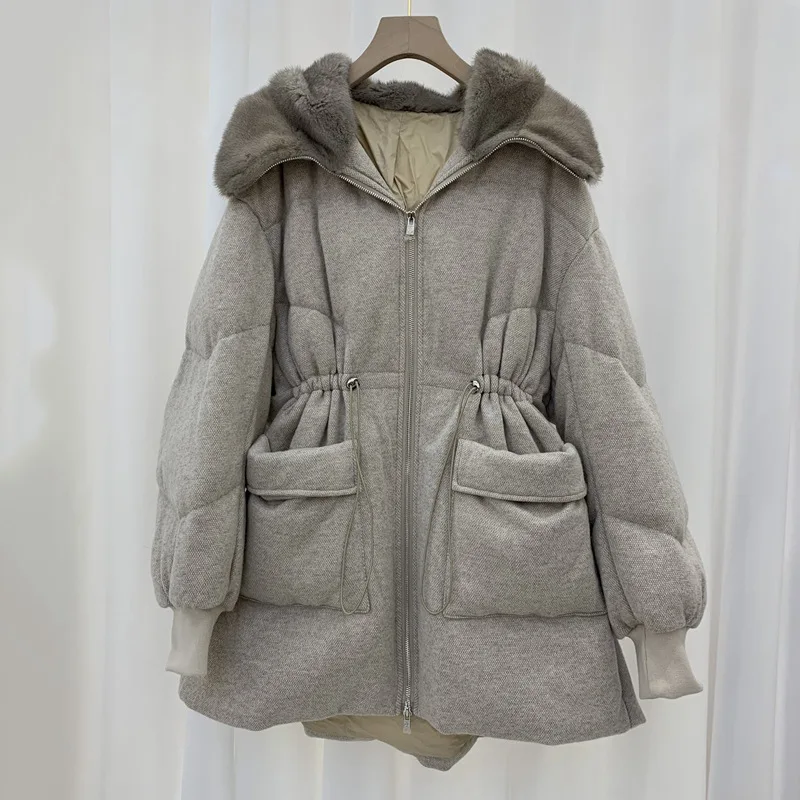 Luxury Casual Style Genuine Mink Fur Decorated Quilted Down Coat  With  Zipper Hooded