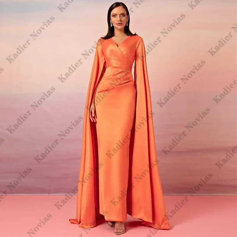 فساتين سهرة عربية دبي من الساتان البرتقالي للنساء برقبة على شكل V وتنورة جانبية على شكل حرف A لحفلات الزفاف فستان فيستدوس دي نوش مخصص