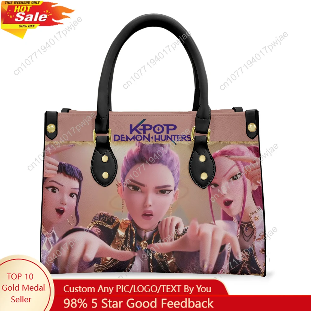

KPop Demon Hunters Tote Bag Purse Womens Mens Personalized Text Image PU Leather Handbag Business Shopping Gift Bags