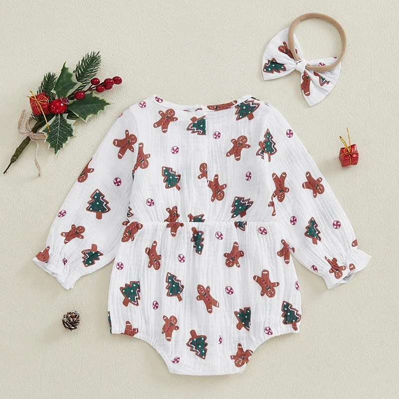 Baby Girls Gingerbread Christmas Romper Print Long Sleeve Jumpsuits Headband Set Cute Newborn Clothes Outfits