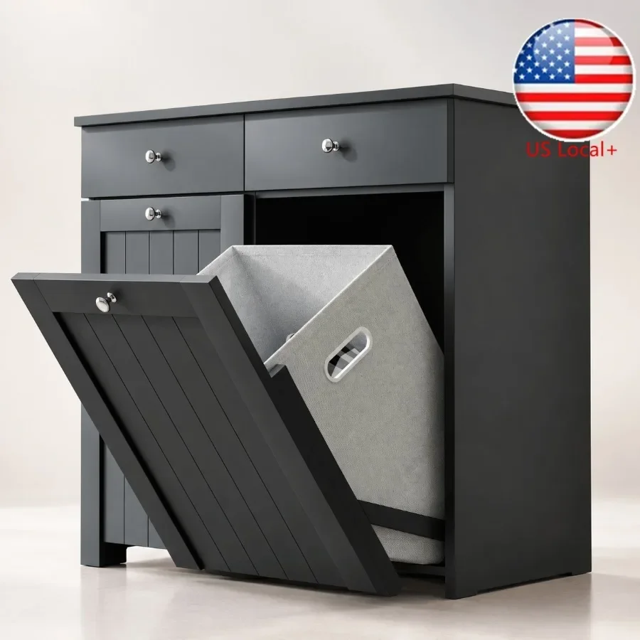 Laundry Cabinet with 2 Removable Baskets, Tilt Out Hamper for Laundry Room, MDF Wood, Black, Space-Saving Wall-Mounted Design