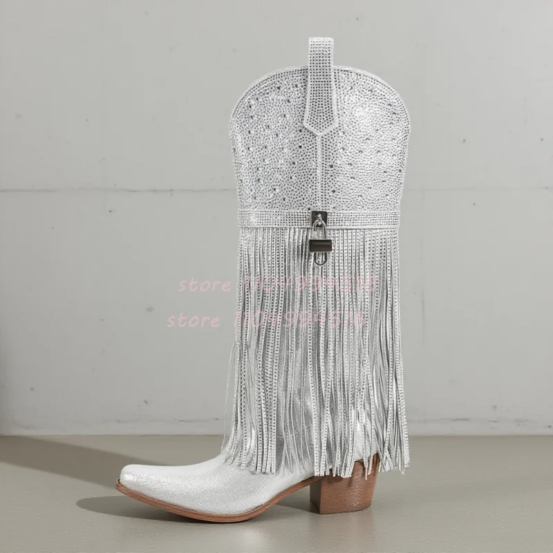 Silver Pointed Rhinestone Fringed Long Boots Metal Buckle Bling Thick Heel Sandals Women's Sexy Hot Chick Party High Heel Boots