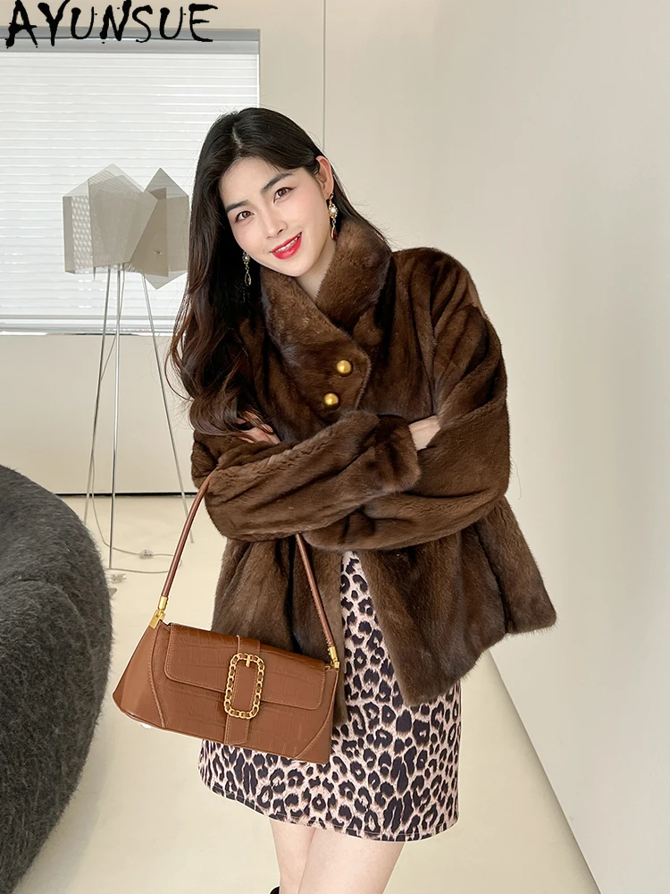 

AYUNSUE 2025 Новая женская куртка из натурального норкового меха, роскошная куртка из цельного норкового меха для женской одежды, высокое качество Шуба Женская