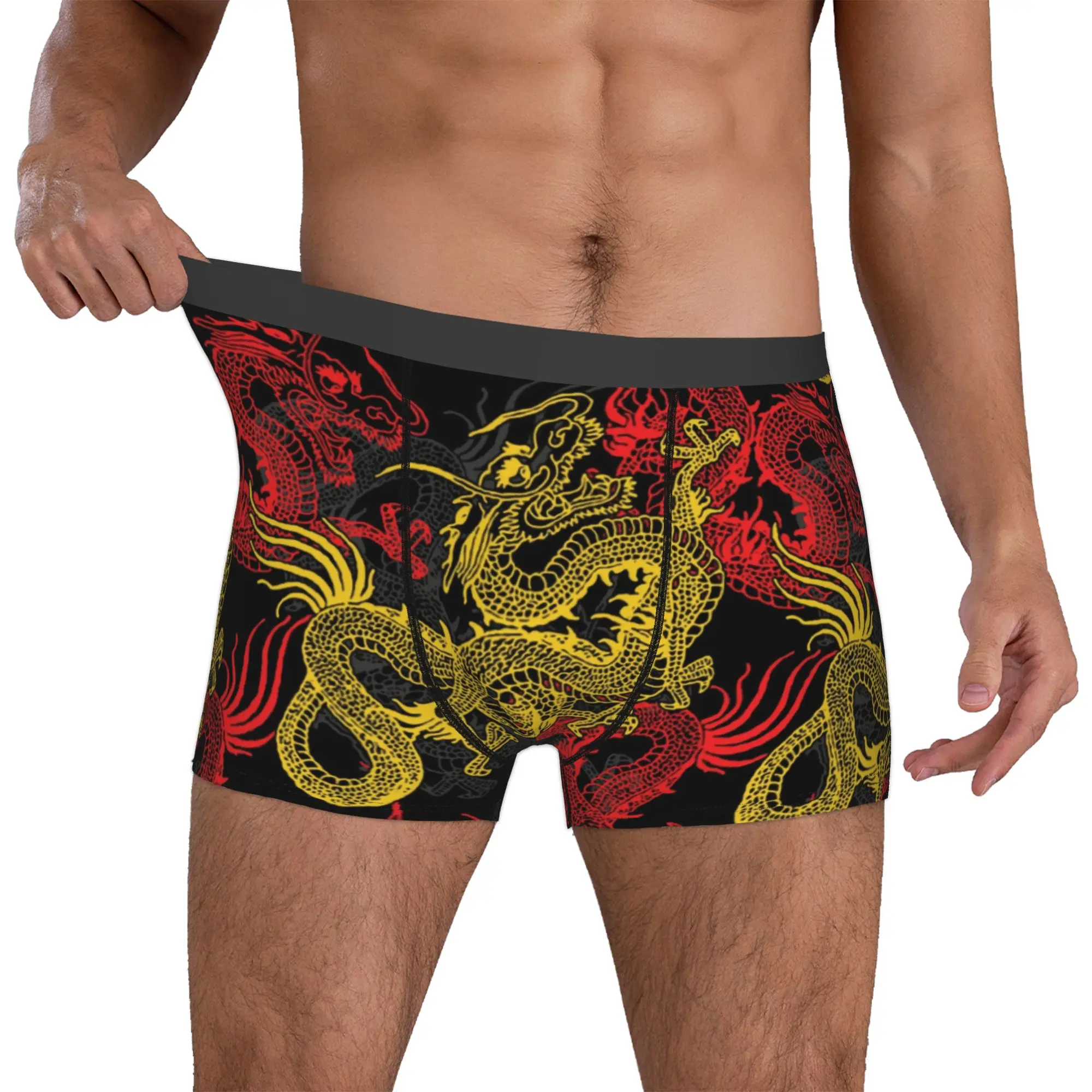 Golden Chinese Dragon Pattern Underwear Male Printed Oriental Mythical Boxer Shorts Panties Briefs Soft Underpants