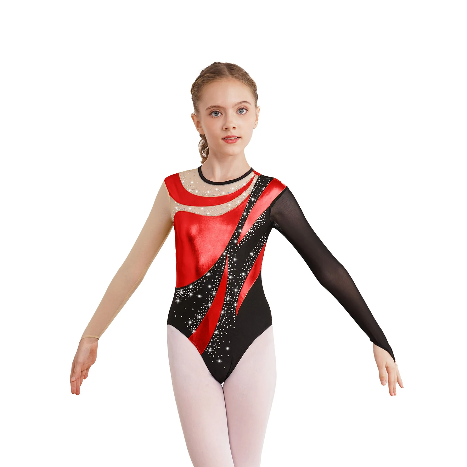 أطفال طويلة الأكمام الجمباز الإيقاعي بذلة الطفل لامعة Dancewear المرقعة الشكل التزلج ارتداءها الفتيات الباليه ملابس رقص الجمباز