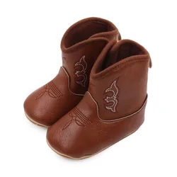 Botas de couro de vaqueiro ocidental para bebês, fundo macio, antiderrapante, bebê, estilo estrangeiro, inverno