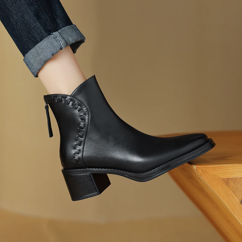 2024 New Women Ankle Boots Autumn Winter Thick High Heels Pointed Toe Mature Office Lady Side Zipper Shoes Woman Retro Style