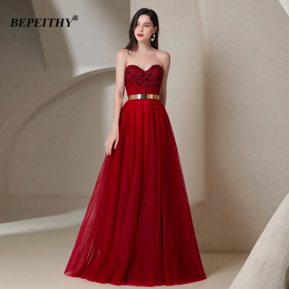 

BEPEITHY Sweetheart Burgundy Prom Dresses With Crystals Strapless A-Line Cocktail Party Dress Elegant Evening Dresses For Women