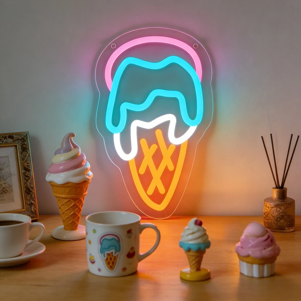 

Ice Cream Neon Sign LED USB Dimmable Cute Summer Dessert Night Light for Kids Bedroom Home Decor Aesthetic Room Wall Art Gift