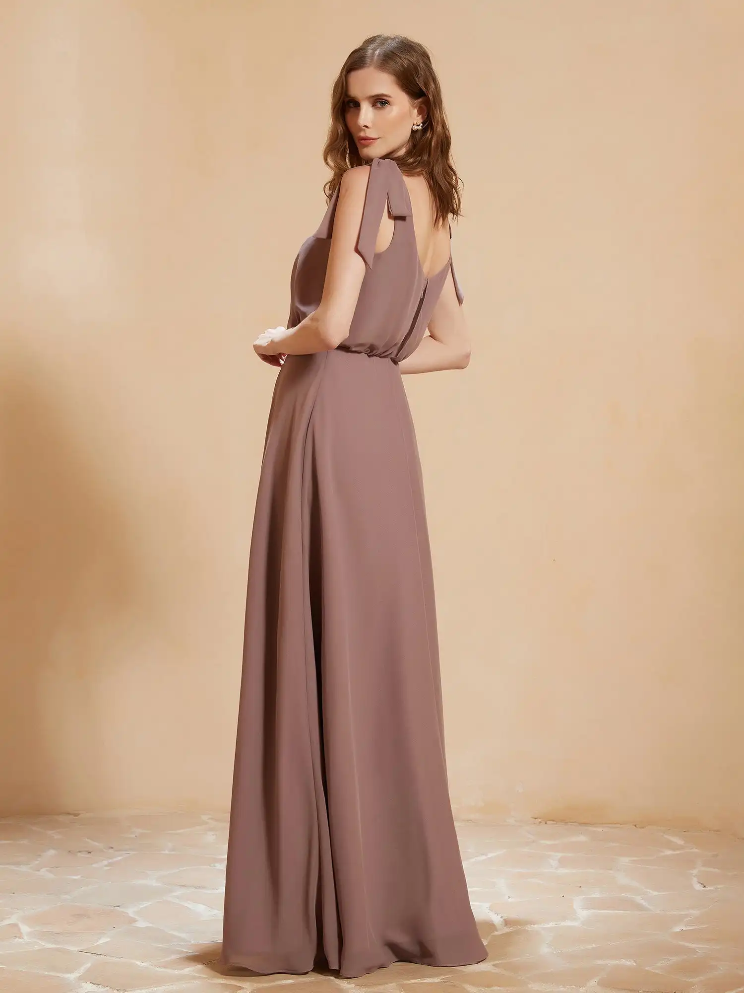 Classic V-Neck Floor-Length Chiffon Bridesmaid Dress With Silt  Wedding Cocktail Dresses With Pleated Backless Evening Gowns