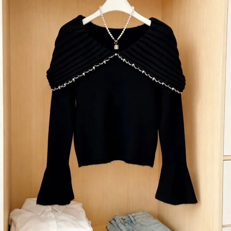 

New Fashion Pearl Beading Women's Sweater Spring Autumn Sailor Neck Long Flare Sleeve Knitted Pullovers Top Elegant Knitwear