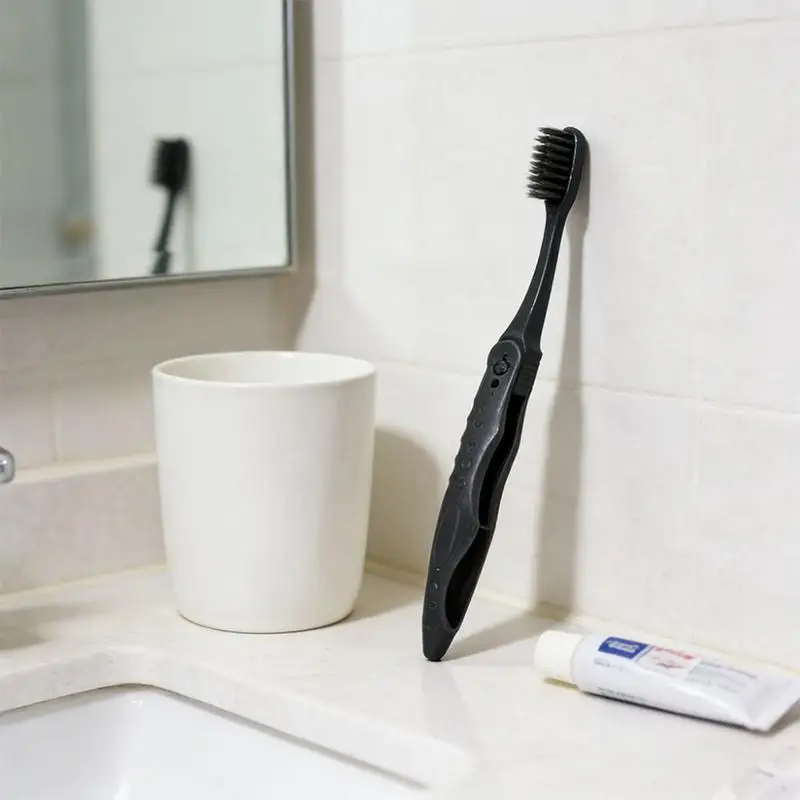 1/3/5Pcs Portable Black Full-head Manual Folding Travel Toothbrush Medium Bristles Microfiber Unscented Easy To Clean^+~