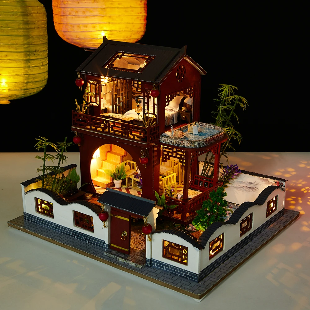 Diy Wooden Doll House Miniature Building Kit Chinese Ancient Loft Furniture Led Lights Dollhouse Toys For Children Birthday Gift