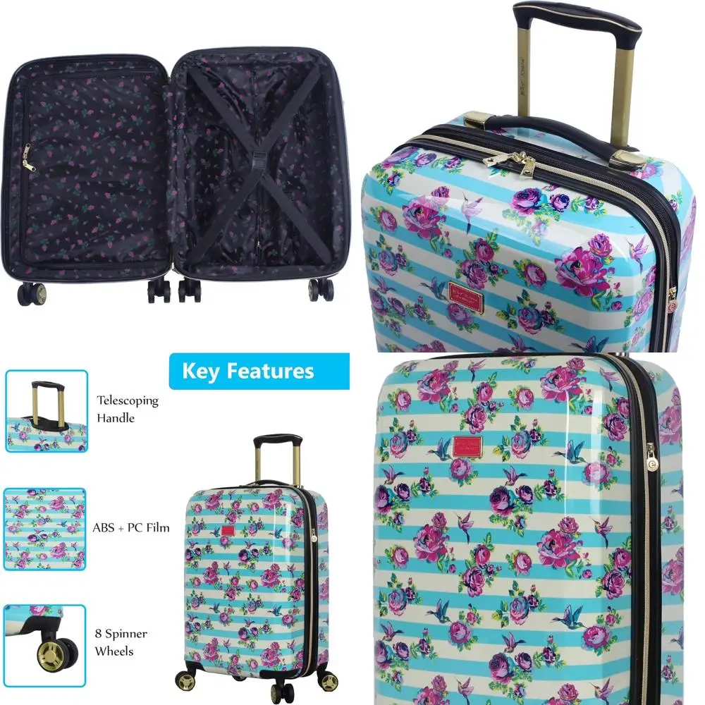 

20 Inch Expandable Hardside Luggage - Lightweight ABS + PC Suitcase with 8-Wheel Spinners for Women (Stripe Floral Hummingbird)