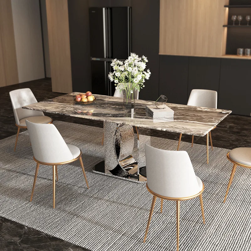 

High-end stainless steel marble dining table water ripple modern living room furniture rectangular lamp luxury multiplayer