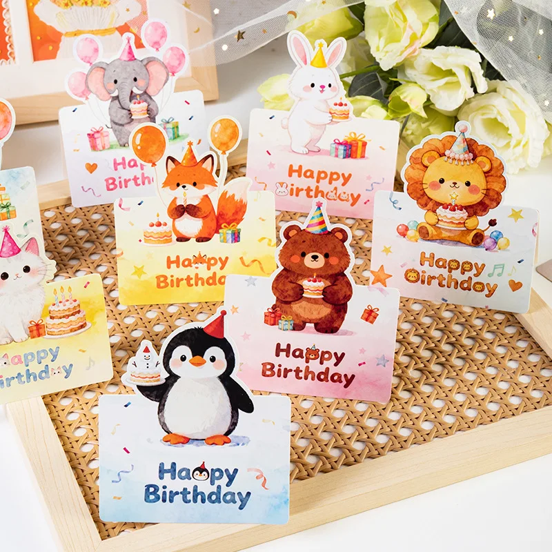 

10 Birthday cards, 3D Small Size Cartoon, Simple Folding, Handwritten Blessing Message, Birthday Card with Envelope