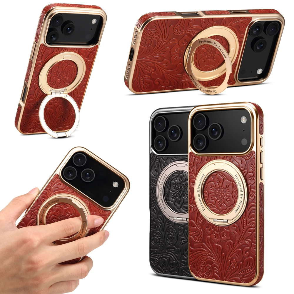 

Luxury Gold Plating 3D Flower Pattern Cowhide Genuine Leather Phone Case for iphone 17 PRO MAX AIR 16 PRO MAX 13 14 PRO 15 PRO