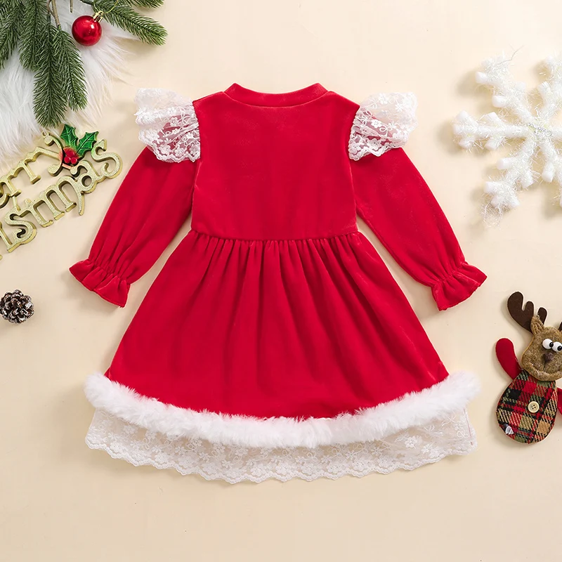 1-4 Years Little Girls Christmas Velvet Dress Lace Terry Trim Long Sleeve Bow Button-up Dresses Adorable Outfits