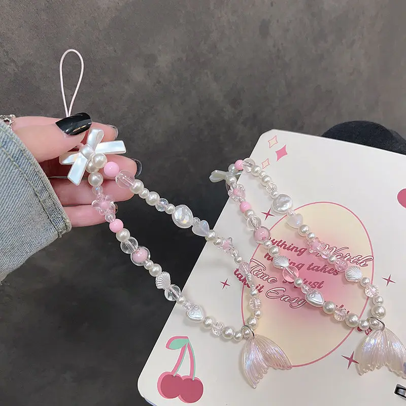 Cute Pink Fish Tail Phone Chain Charm Strap Pearl Bead Mermaid Pendant Flower Lanyard Keychain Wristband Lanyard Keycord